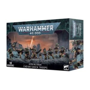 Astra Militarum Cadian Shock Troops box featuring 10 miniatures in dynamic poses