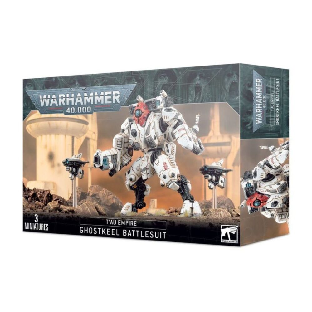 Image of the T'au Empire: Ghostkeel Battlesuit box, showcasing a customizable battlesuit with advanced weaponry and stealth drones