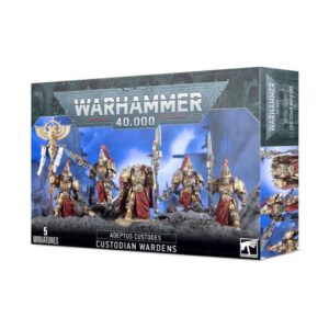 Image of the Adeptus Custodes: Custodian Wardens box, showcasing elite golden-armoured warriors with customizable weapons and ornate vexillas