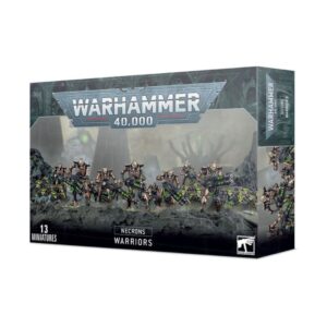 Image of the Necrons: Warriors box, showcasing skeletal Necron soldiers with gauss weaponry and accompanying Scarab Swarms