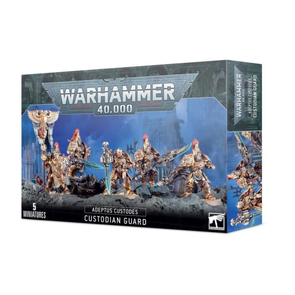 Image of Adeptus Custodes: Custodian Guard box, showcasing golden-armored elite warriors with customizable weapons and banners