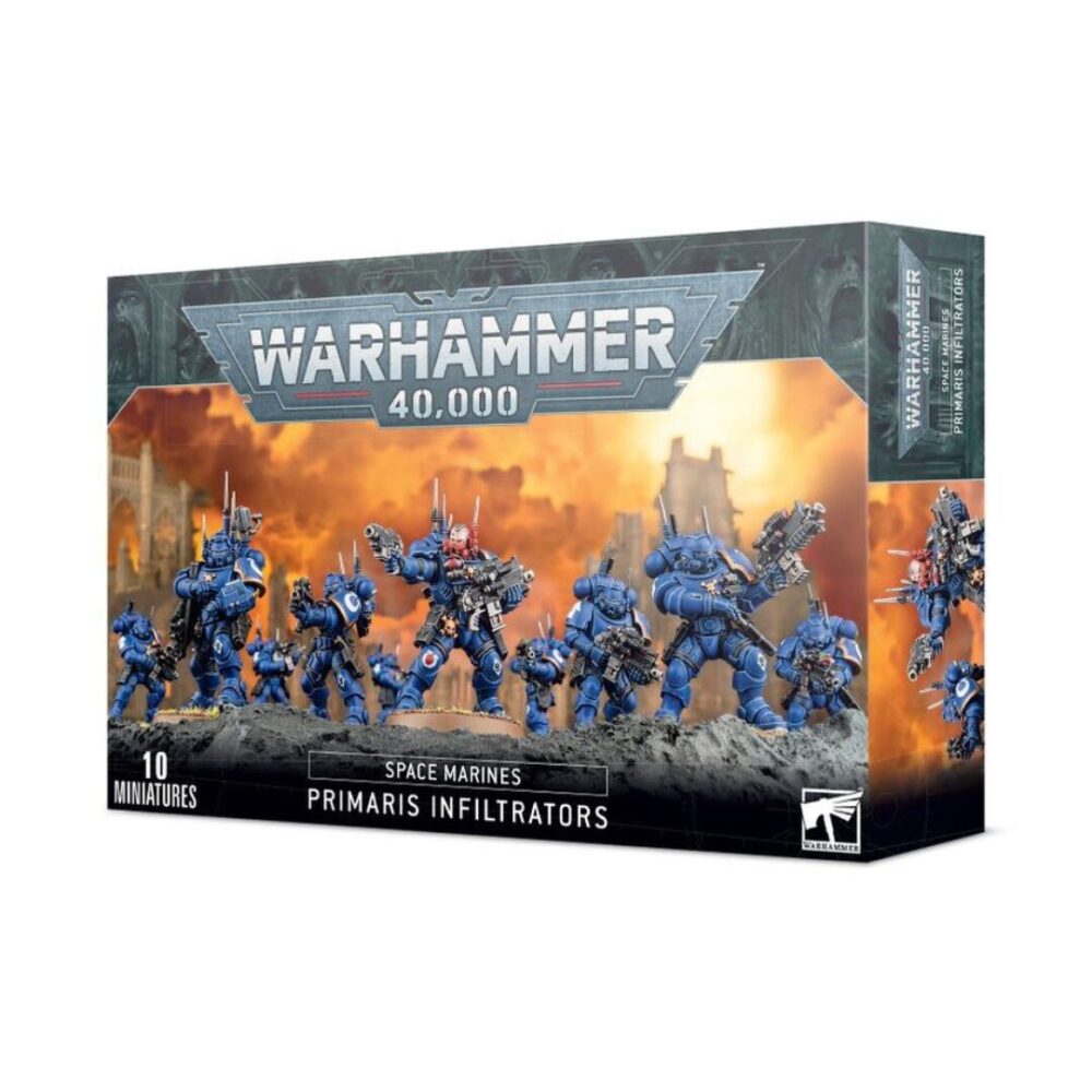 Image of the Space Marines: Primaris Infiltrators box, showcasing detailed miniatures in Mark X Phobos Armour.