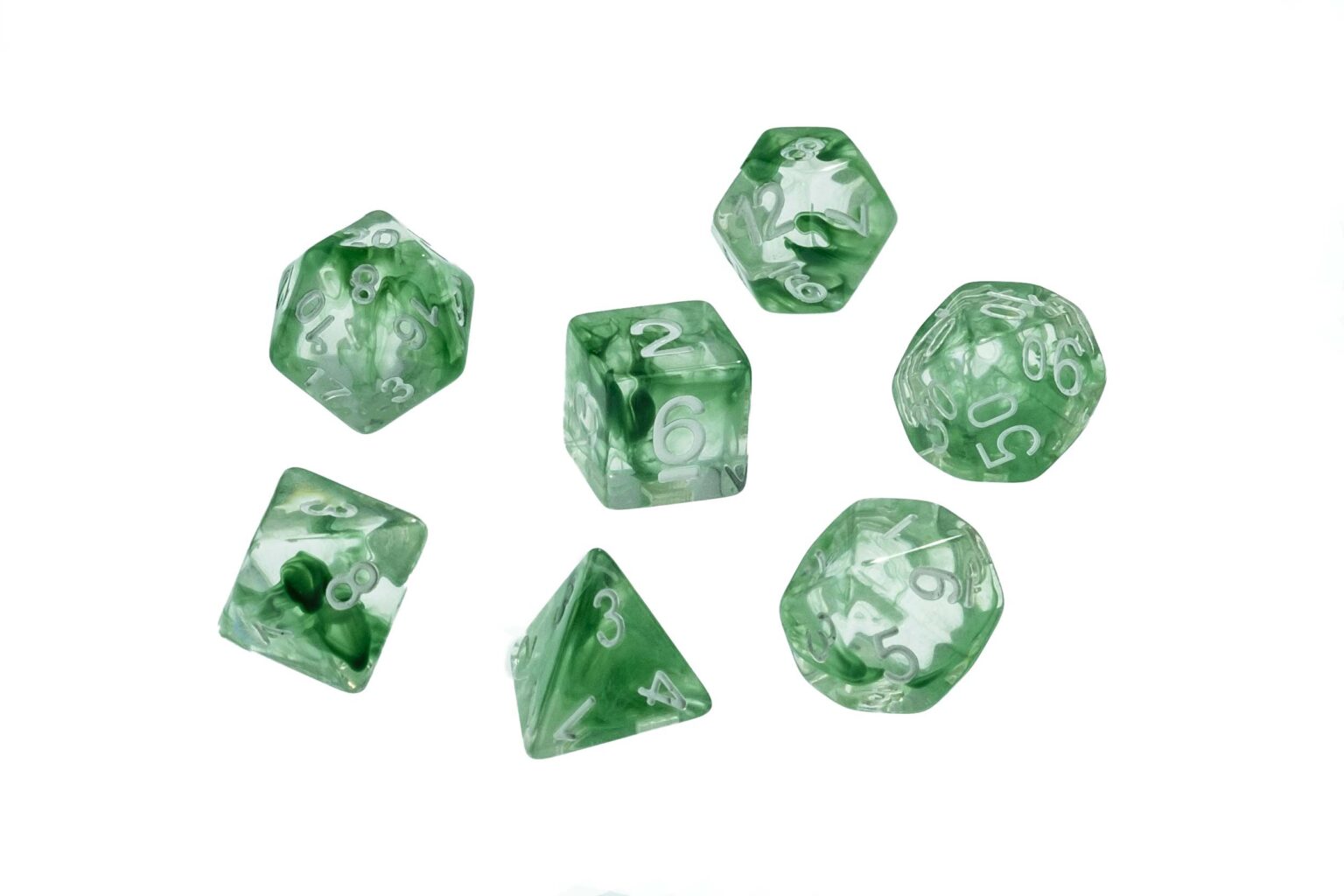 Dice Nebula Translucent Set of 7 Green White Dice