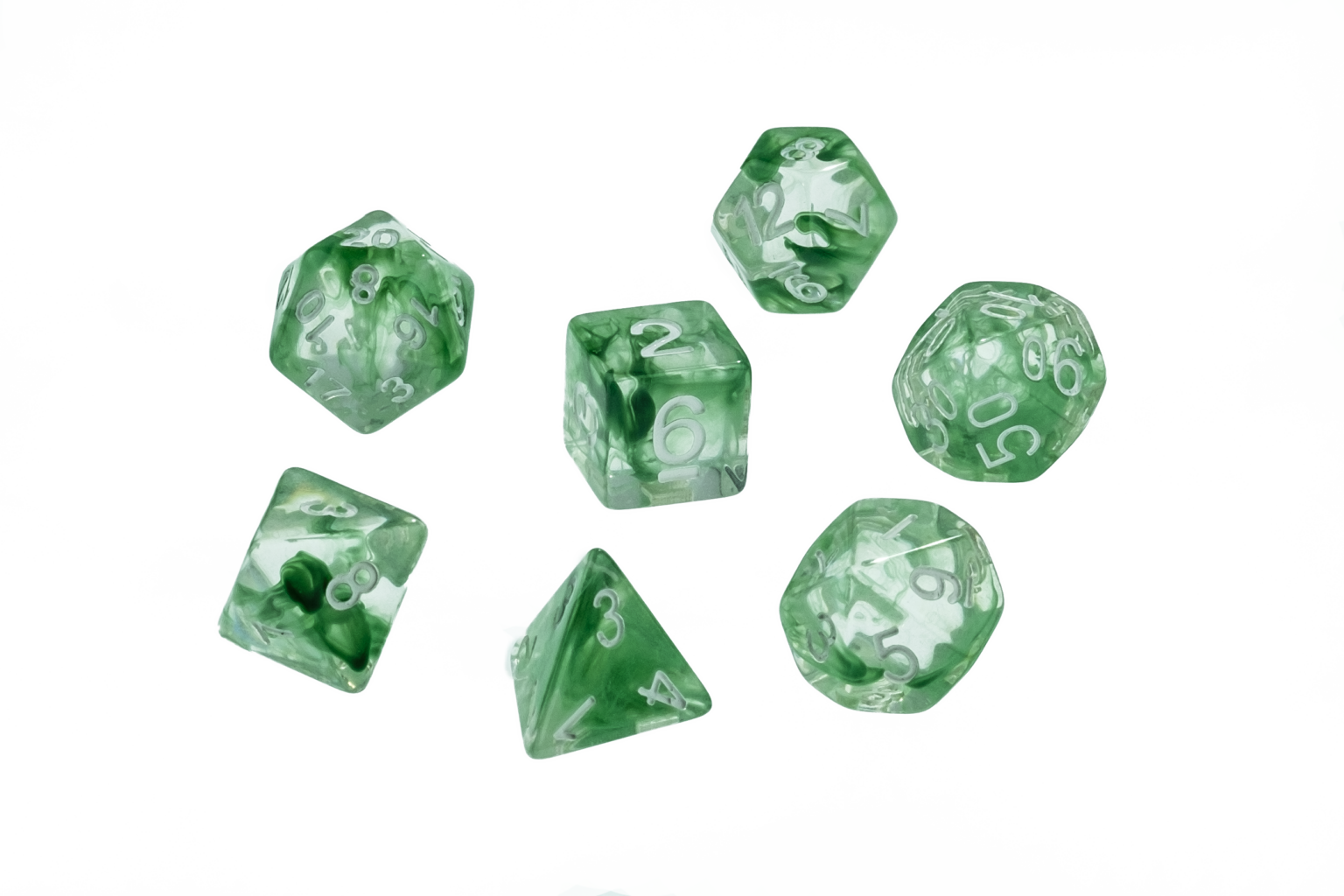 Dice Nebula Translucent Set of 7 Green White Dice Image2