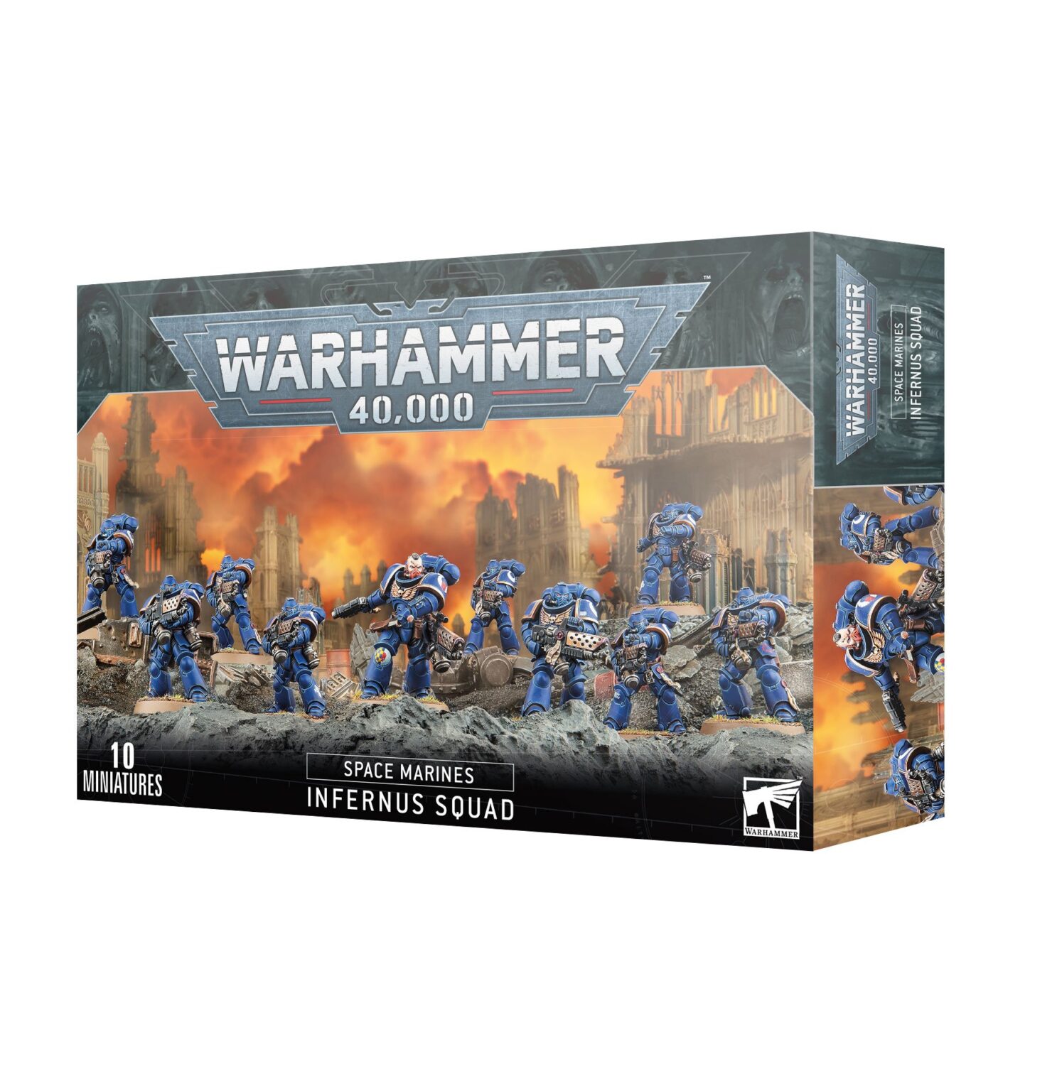 Image of Space Marines: Infernus Squad box, showcasing the unpainted miniatures equipped with pyreblasters.