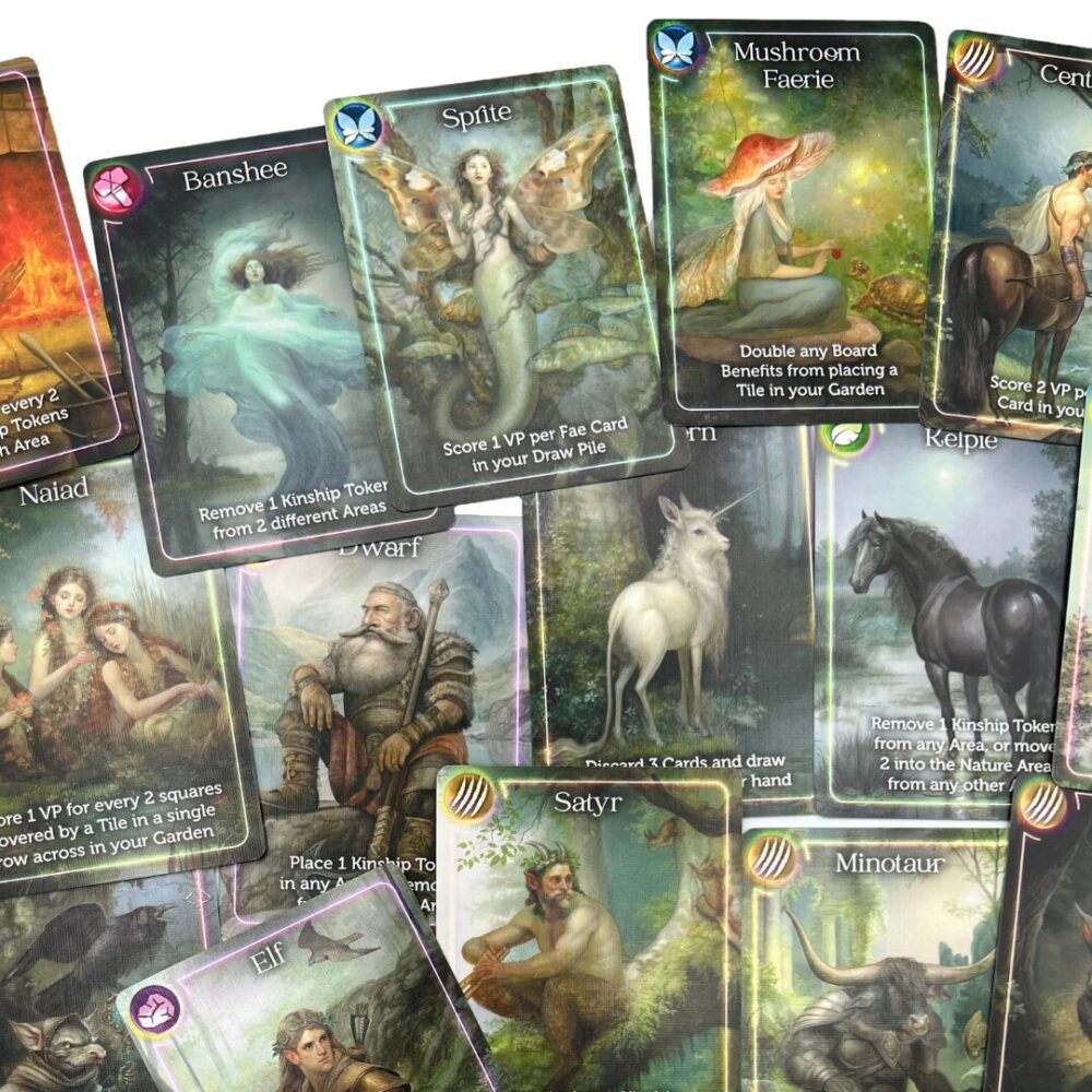 Faeries & Magical Creatures game cards showcasing hand-painted Faerie Folk and their special abilities.