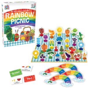 The Very Hungry Caterpillar game box and open game board with rainbow design.