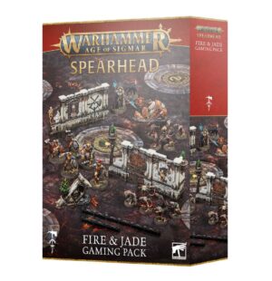 Warhammer Age of Sigmar Spearhead gaming pack featuring Fire and Jade gameboard and themed terrain pieces.