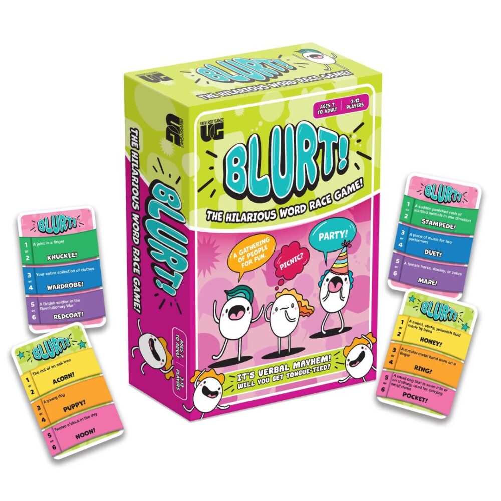 Blurt game box and cards laid out, displaying word clues and vibrant design.