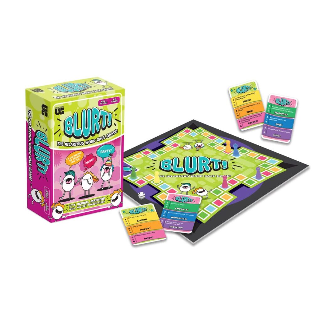 Blurt game box and open game board with colorful pawns and die.