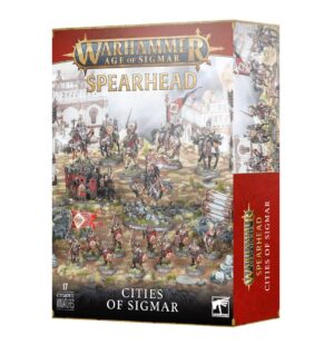 Image of the 'Spearhead: Cities of Sigmar' product box, featuring models of soldiers and a cannon for tabletop gaming.