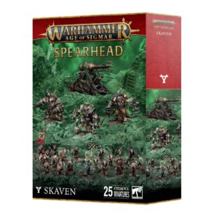 Image of the Spearhead: Skaven Warpspark Clawpacks box, showcasing the detailed miniatures of a Grey Seer, Clanrats, Stormfiends, and a Warp Lightning Cannon.