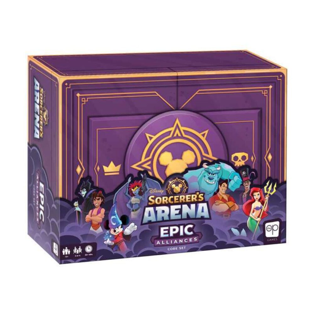 Box art of Disney Sorcerer's Arena: Epic Alliances Core Set featuring iconic Disney and Pixar characters.