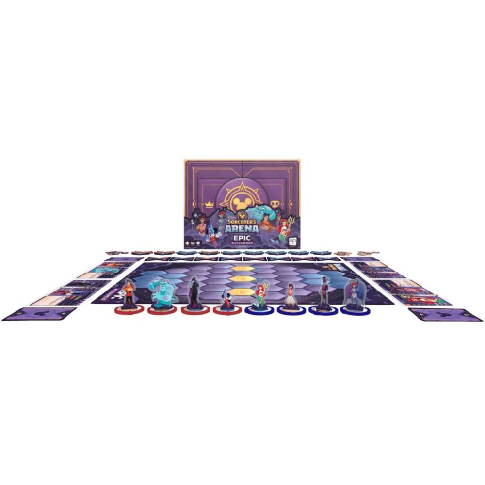 Disney Sorcerer's Arena: Epic Alliances Core Set box displayed in front of the fully set up game.