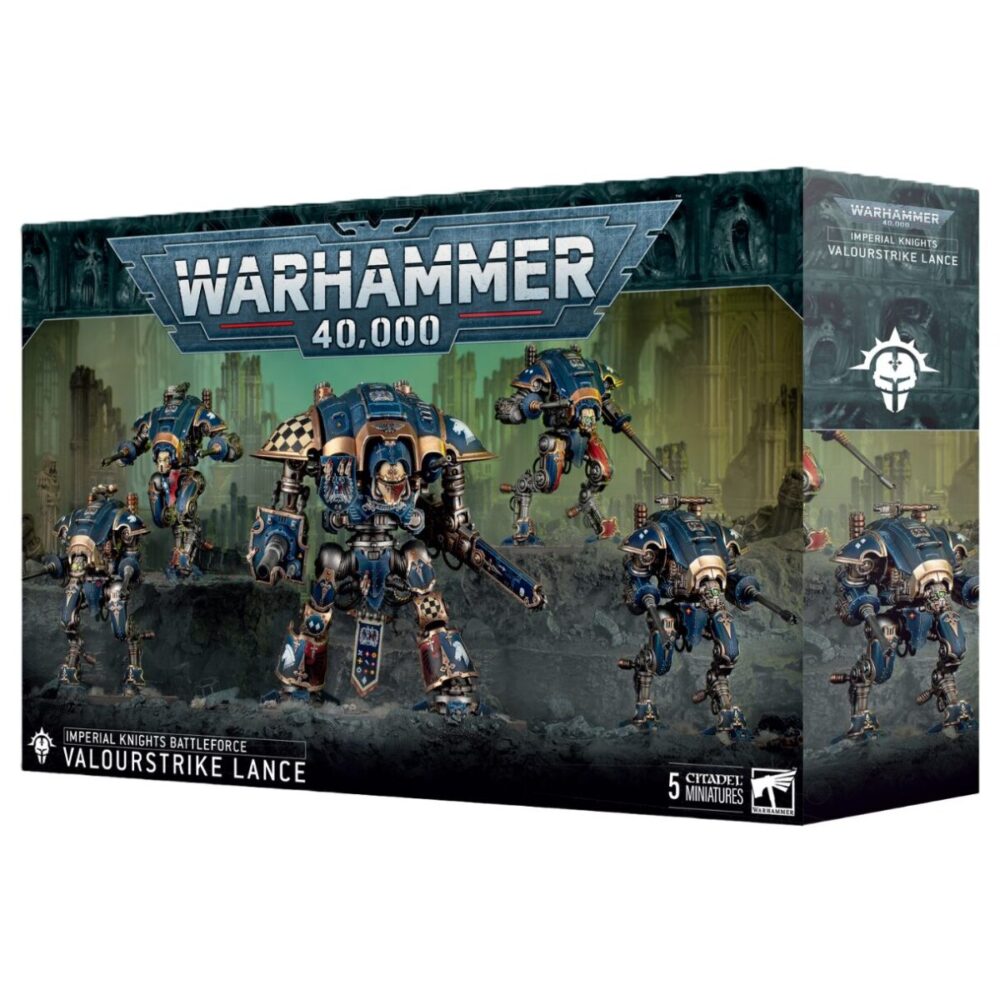 Image of the Imperial Knights Battleforce: Valourstrike Lance box with models.