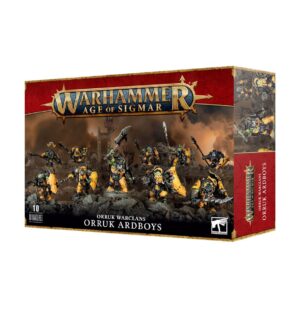 Box art and miniatures of the Orruk Ardboyz showing various assembly options.