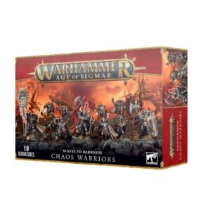 Product box image of Slaves To Darkness: Chaos Warriors showcasing detailed miniatures in dynamic poses.