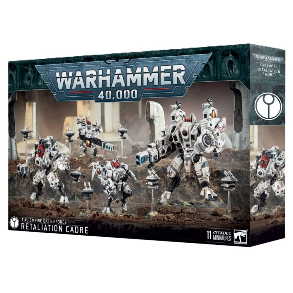 Image of the T'au Empire Battleforce: Retaliation Cadre box with models displayed.