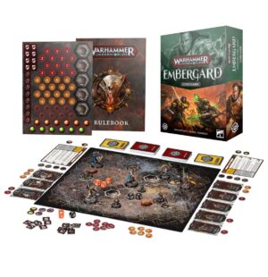 Image of the Warhammer Underworlds: Embergard game box with game setup.