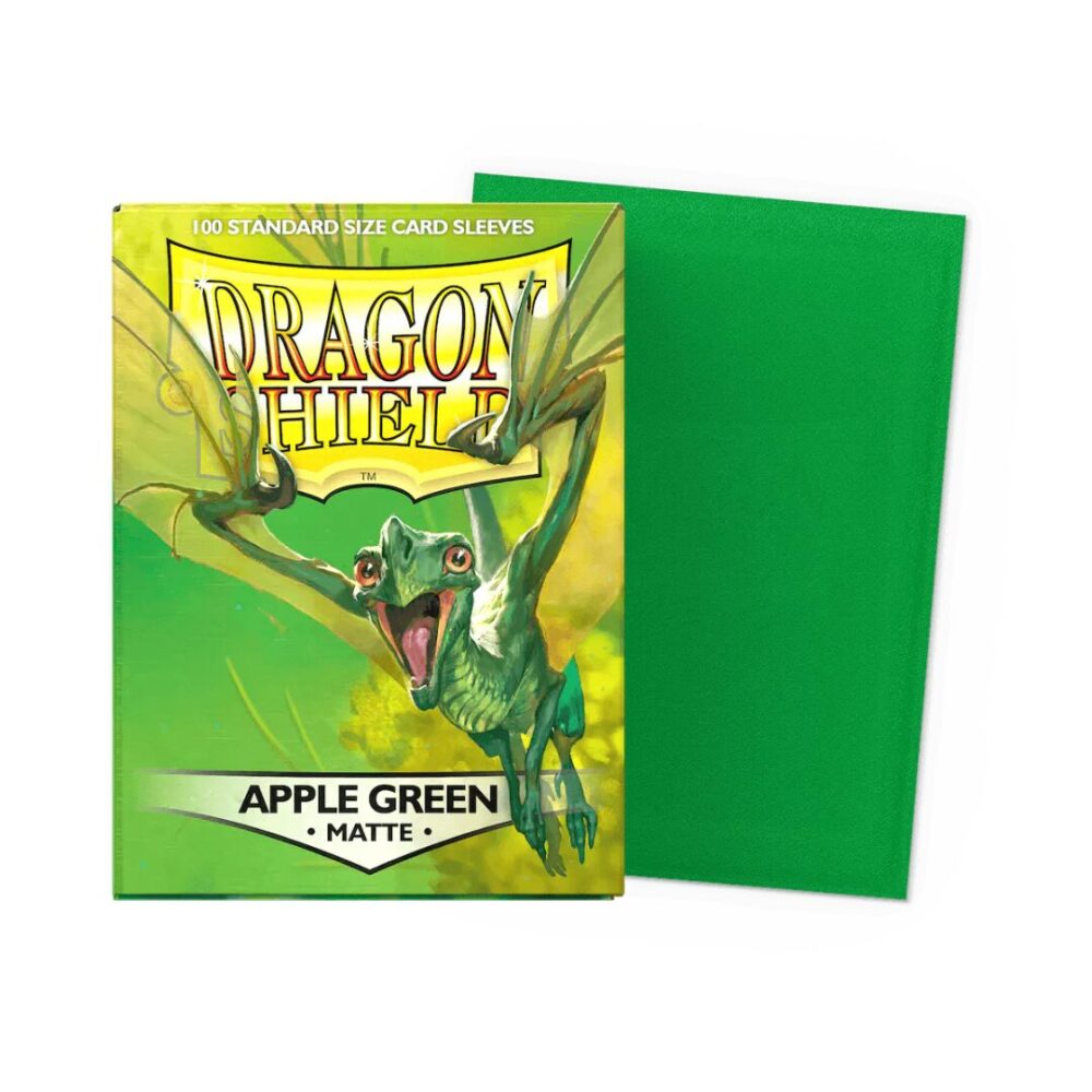 Packaging of Dragon Shield Apple Green Matte card sleeves.