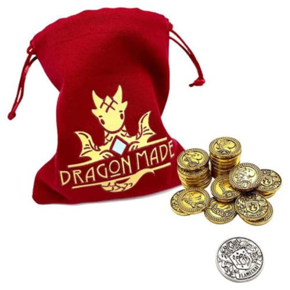 Flamecraft Series 2 Metal Coins and red drawstring bag.