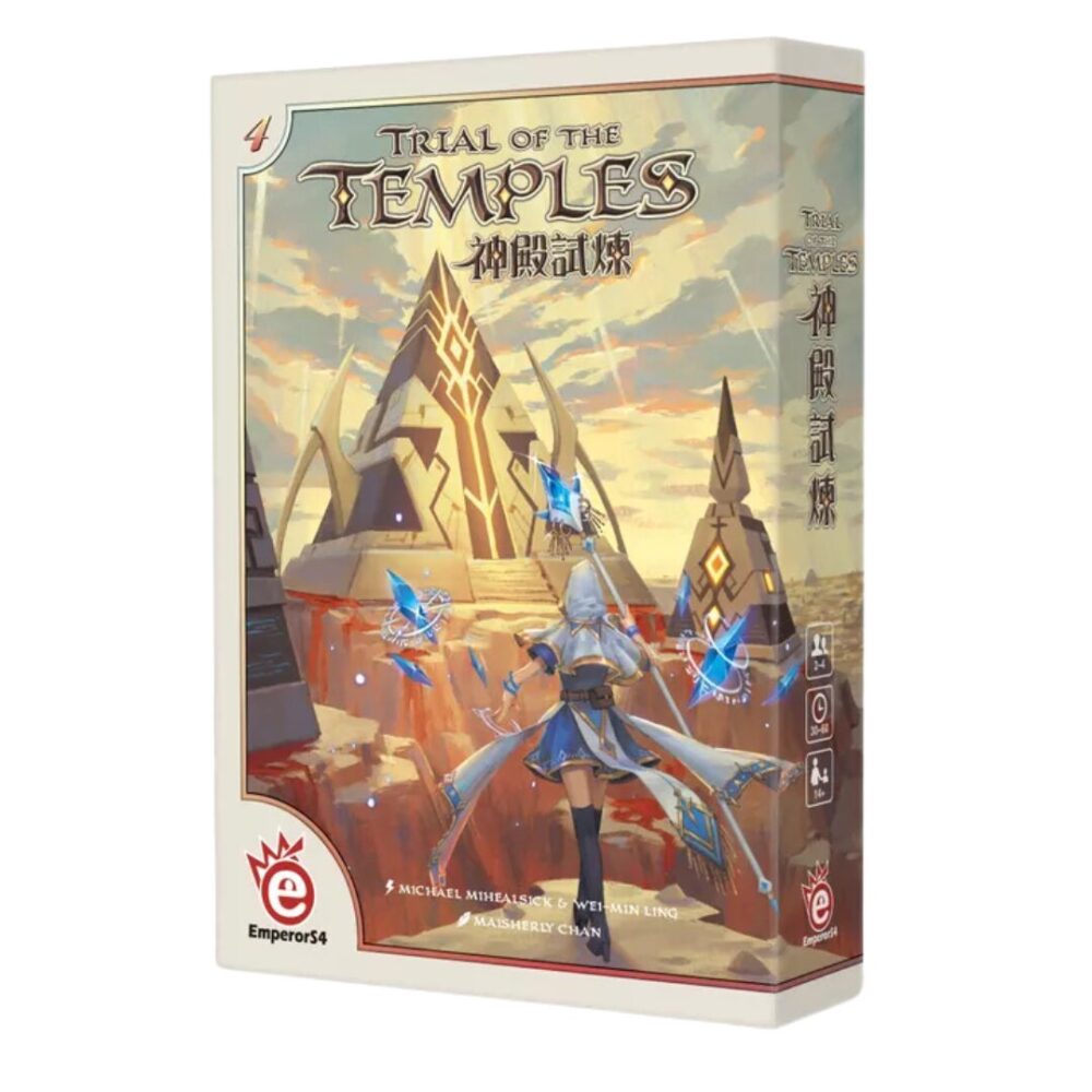 Trial of the Temples game box featuring a female magic user in blue and white