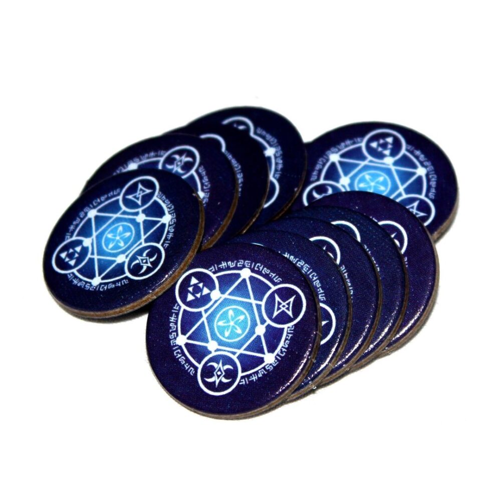 Pile of blue patterned magic tokens from Trial of the Temples.