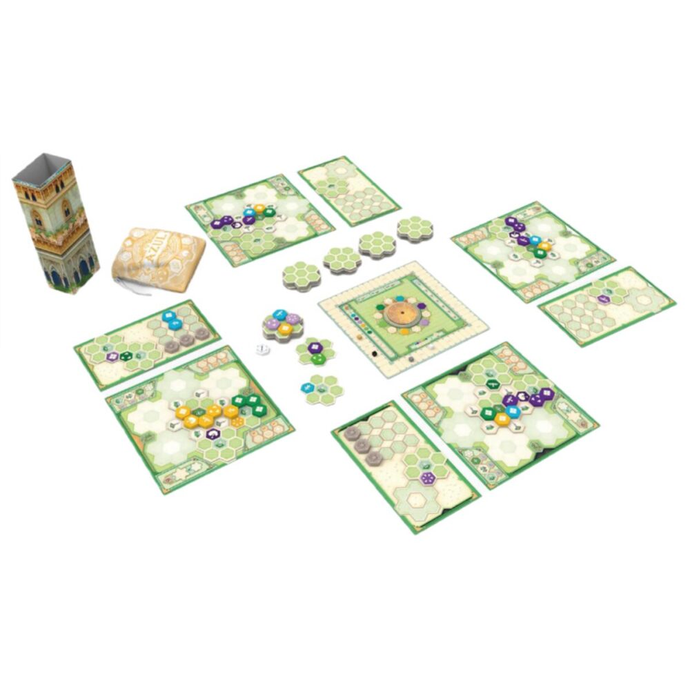 Gameplay setup of Azul: Queen's Garden with tiles and player boards