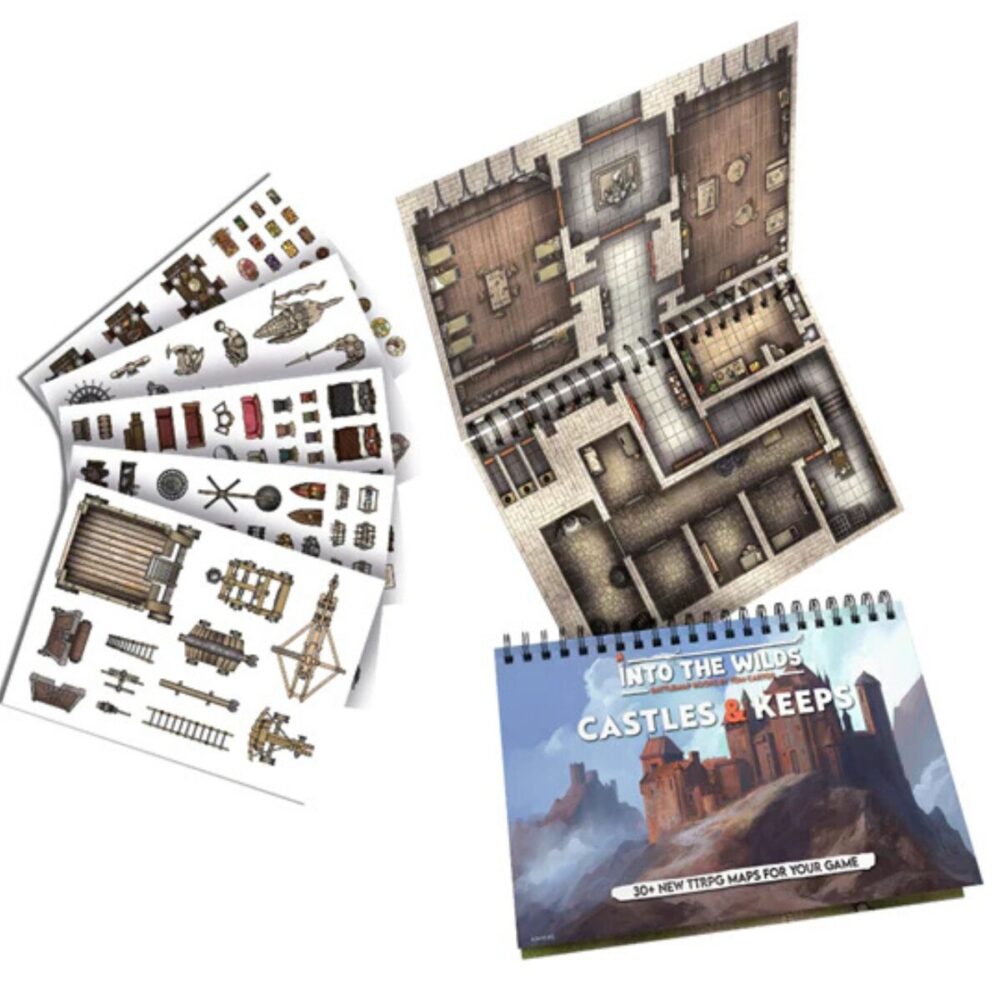 Showcase of the Into the Wilds Battlemap Book: Castles & Keeps, with an open map, a closed book in front, and reusable sticker sheets spread out