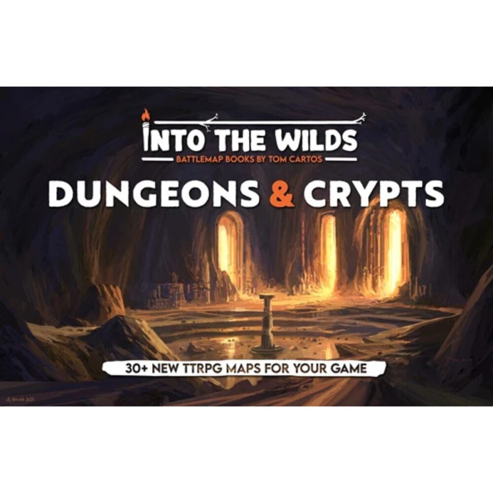 Cover of the Into the Wilds Battlemap Book: Dungeons & Crypts, featuring ominous artwork of dungeon corridors and crypts