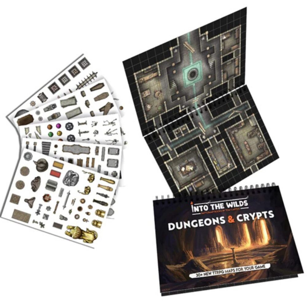 Showcase of the Into the Wilds Battlemap Book: Dungeons & Crypts, with an open map, a closed book in front, and reusable sticker sheets spread out