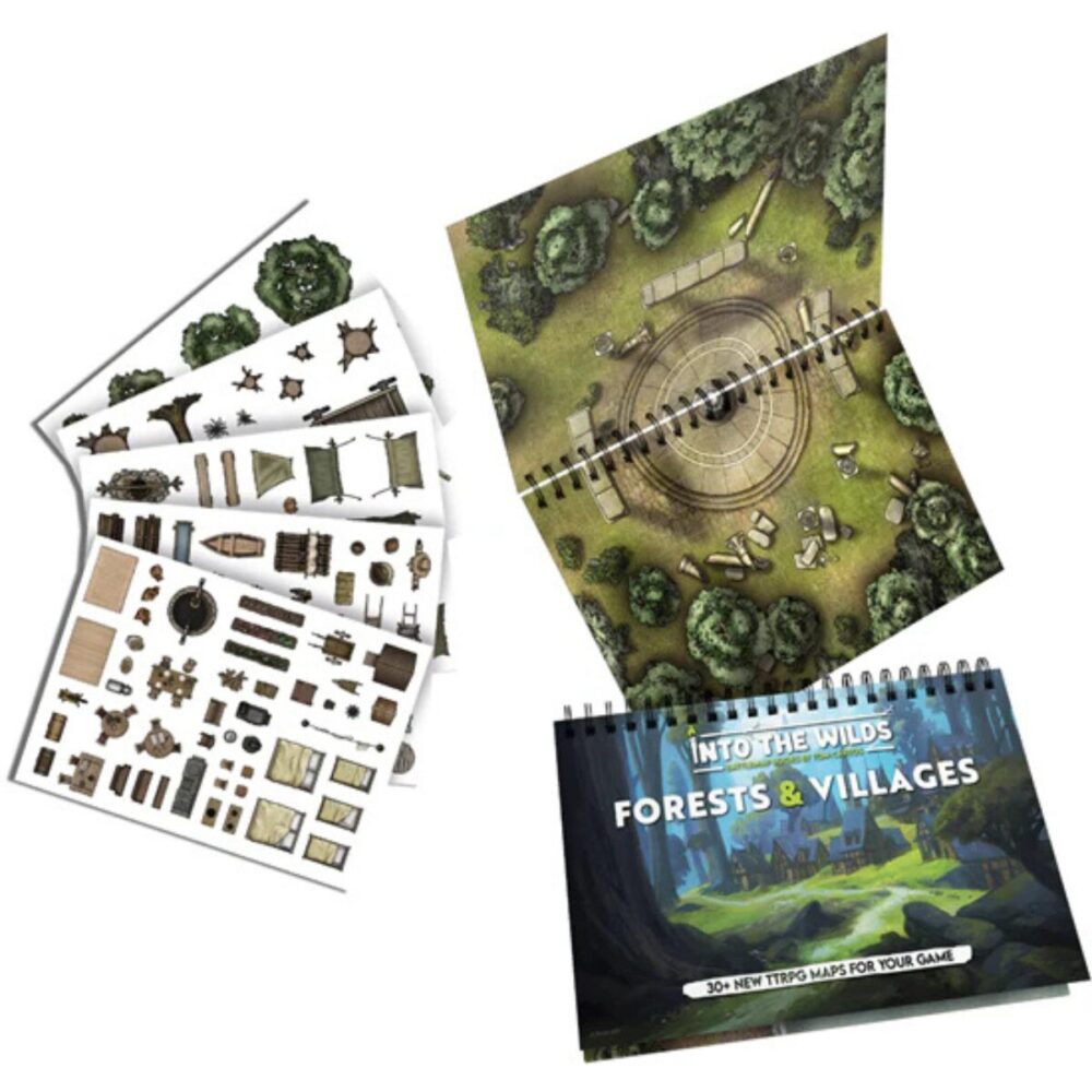 Showcase of the Into the Wilds Battlemap Book: Forests & Villages, with an open map, a closed book in front, and reusable sticker sheets spread outCaption: Discover versatility with the Into the Wilds Battlemap Book: Forests & Villages, complete with reusable stickers