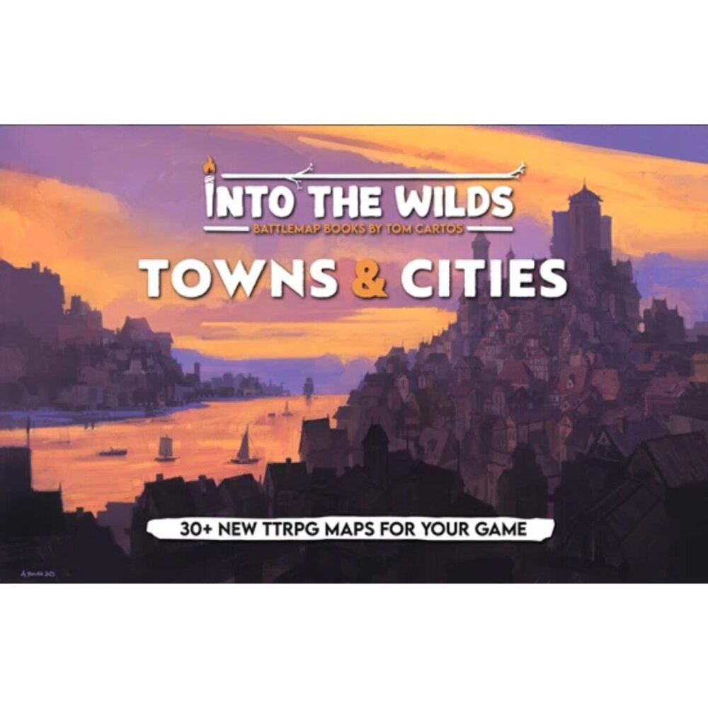 Cover of the Into the Wilds Battlemap Book: Towns & Cities, featuring vibrant urban artwork of streets and marketplaces