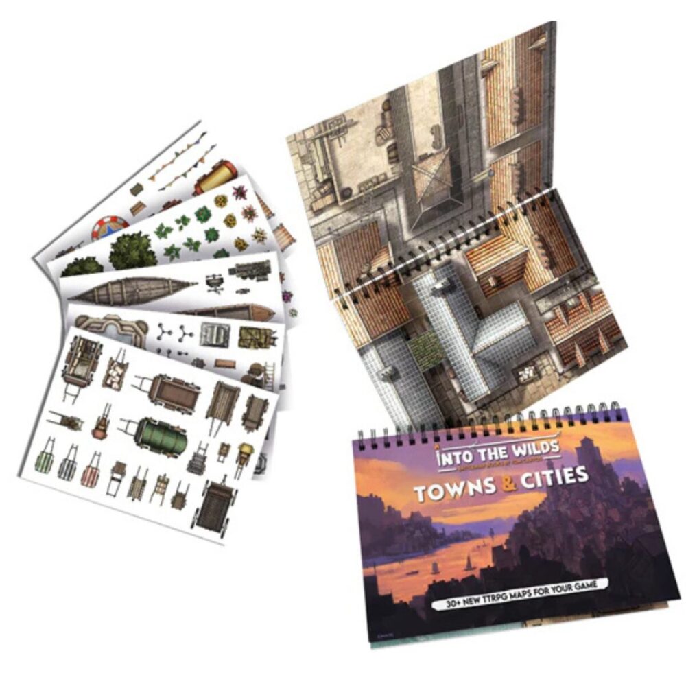 Showcase of the Into the Wilds Battlemap Book: Towns & Cities, with an open map, a closed book in front, and reusable sticker sheets spread out