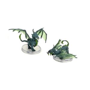 Two Moonstone Dragon Wyrmling miniatures displayed side by side, showing their unique poses and opalescent scales