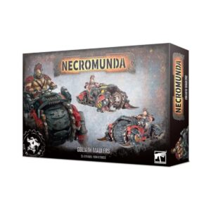 Box art of Necromunda: Goliath Maulers, showcasing massive armoured war bikes in action