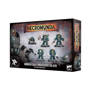 Box art of Necromunda: Ironhead Squat Prospectors Exo-Kyn, featuring armoured mining warriors in dynamic poses