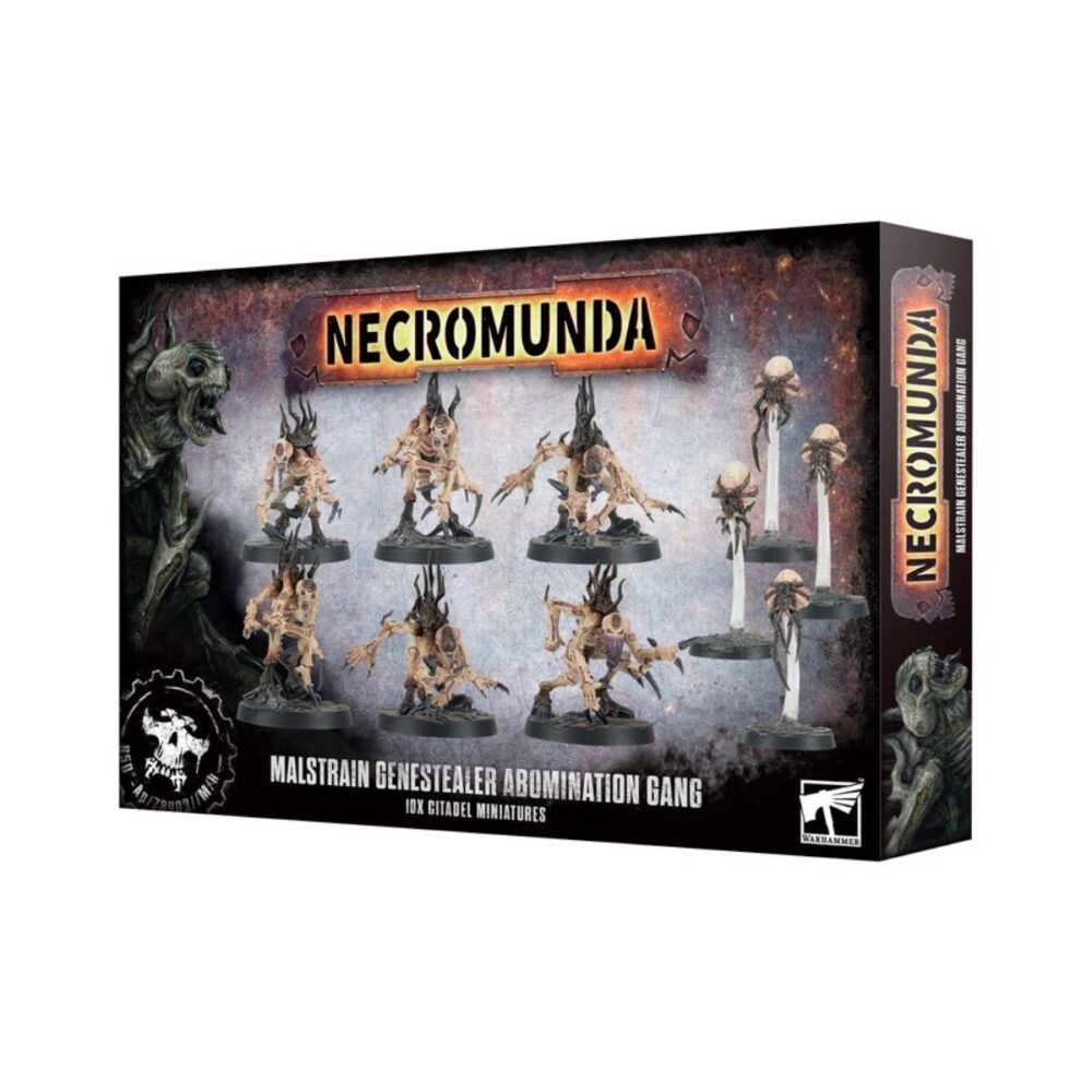 Box art of Necromunda: Malstrain Genestealer Abomination Gang, featuring monstrous xenos mutations in combat poses