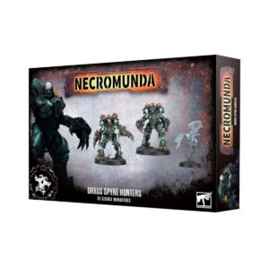 Box art of Necromunda: Orrus Spyre Hunters, featuring two heavily armoured warriors and a Caryatid Prime