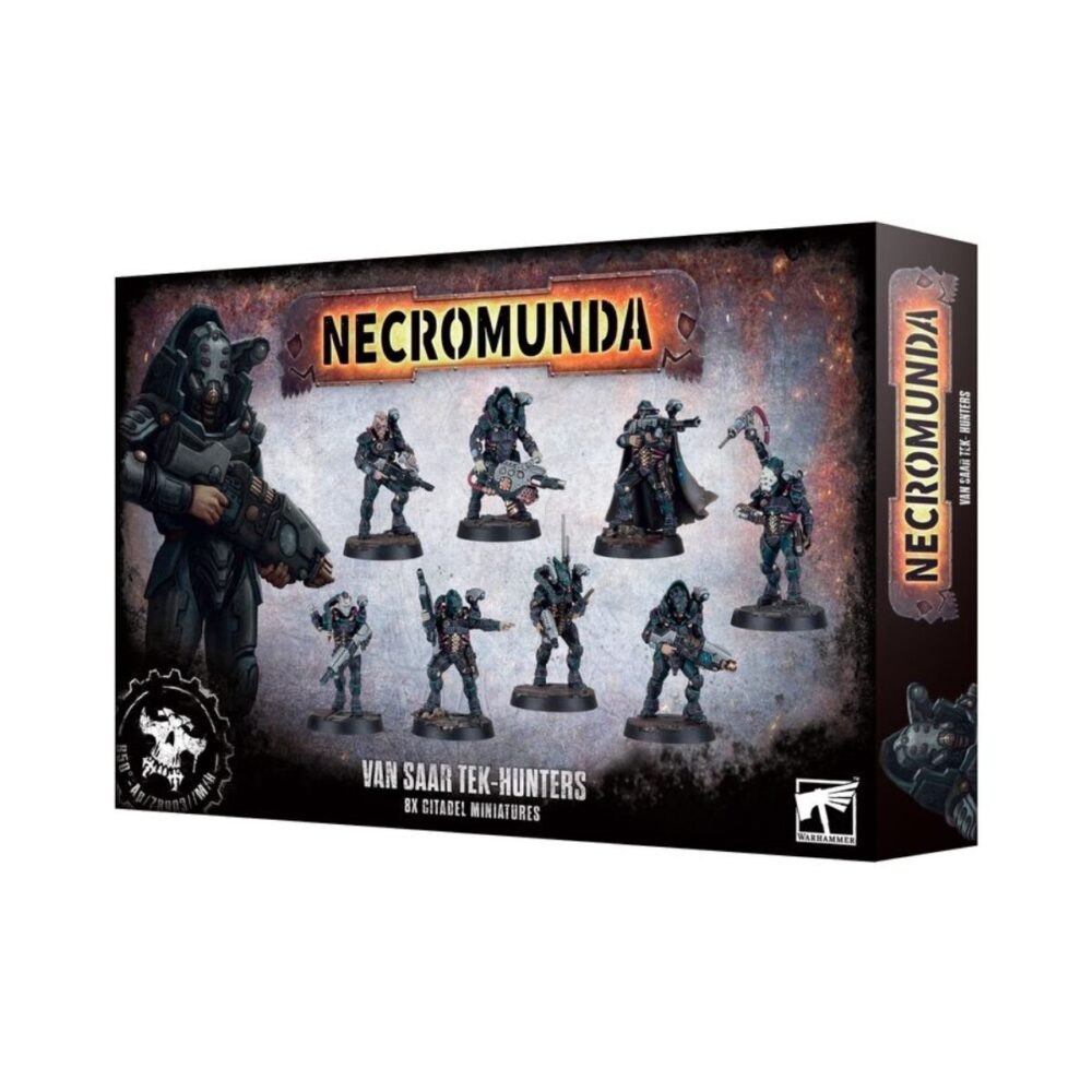 Box art of Necromunda: Van Saar Tek-Hunters, showcasing elite cybernetic operatives in dynamic poses