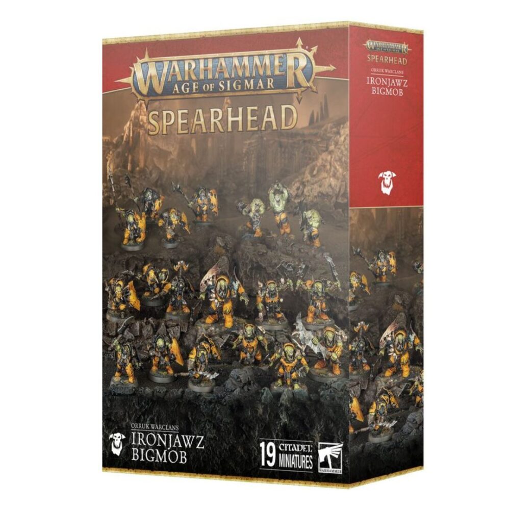 Image of Spearhead: Ironjawz Bigmob box, featuring a savage Orruk warband led by a Megaboss