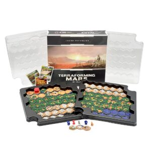 Opened Terraforming Mars: 3D Tiles set with tiles displayed on a table and the box propped behind