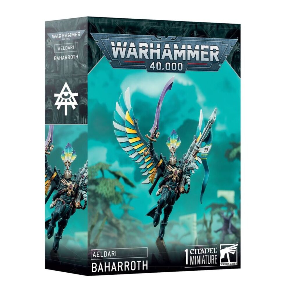 Box art for Aeldari Phoenix Lord Baharroth, featuring the legendary Swooping Hawk in an aerial combat pose