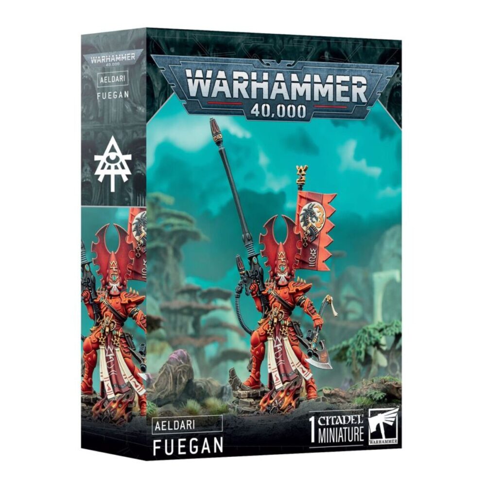 Box art for Aeldari Phoenix Lord Fuegan, showcasing the legendary warrior armed with Searsong and the Fire Axe