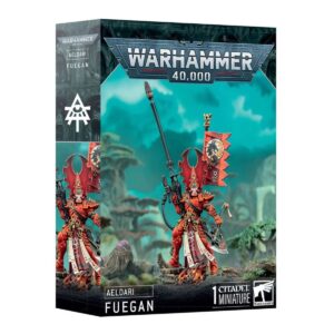 Box art for Aeldari Phoenix Lord Fuegan, showcasing the legendary warrior armed with Searsong and the Fire Axe