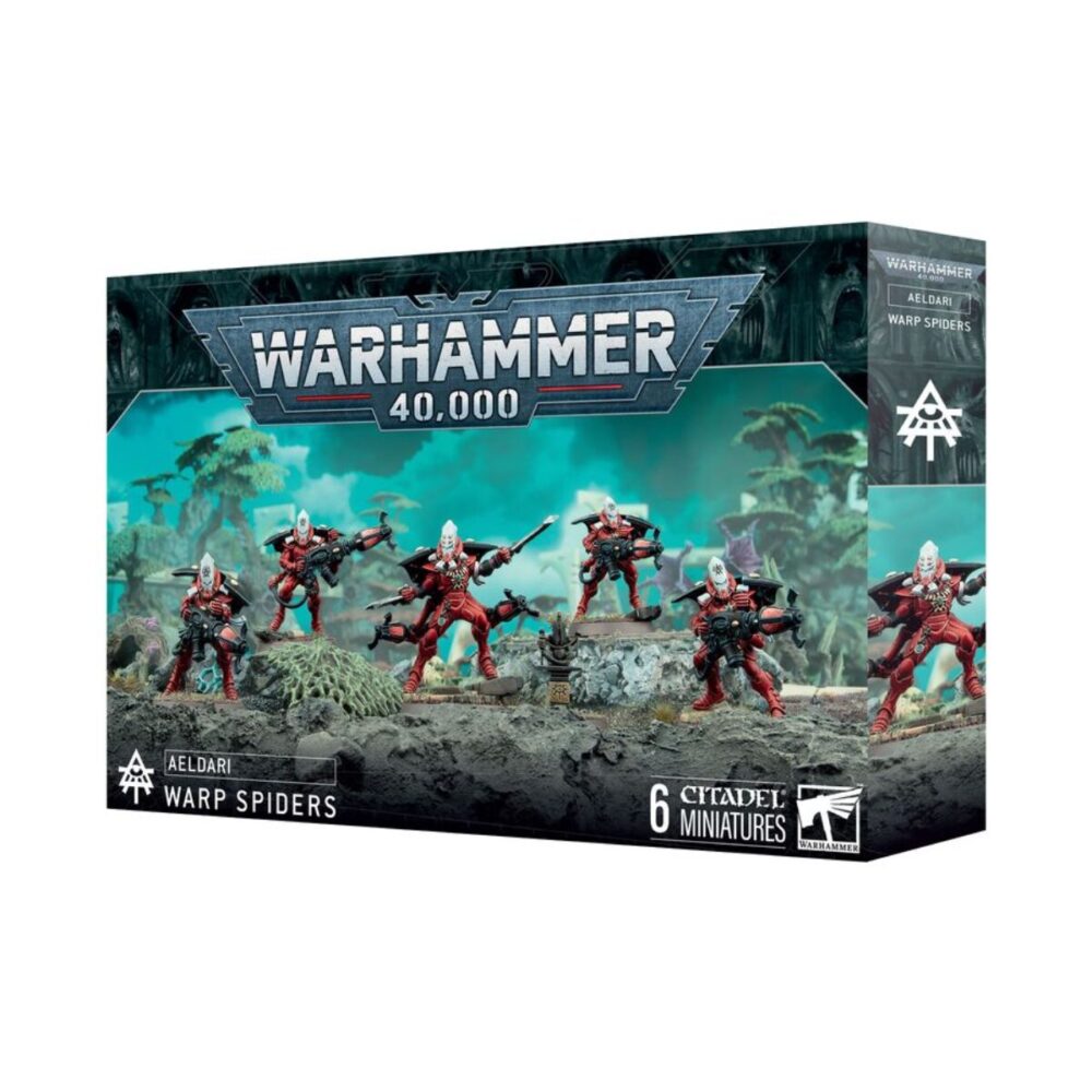 Box art for Aeldari Warp Spiders, featuring dynamic illustrations of the Warp Spiders in action