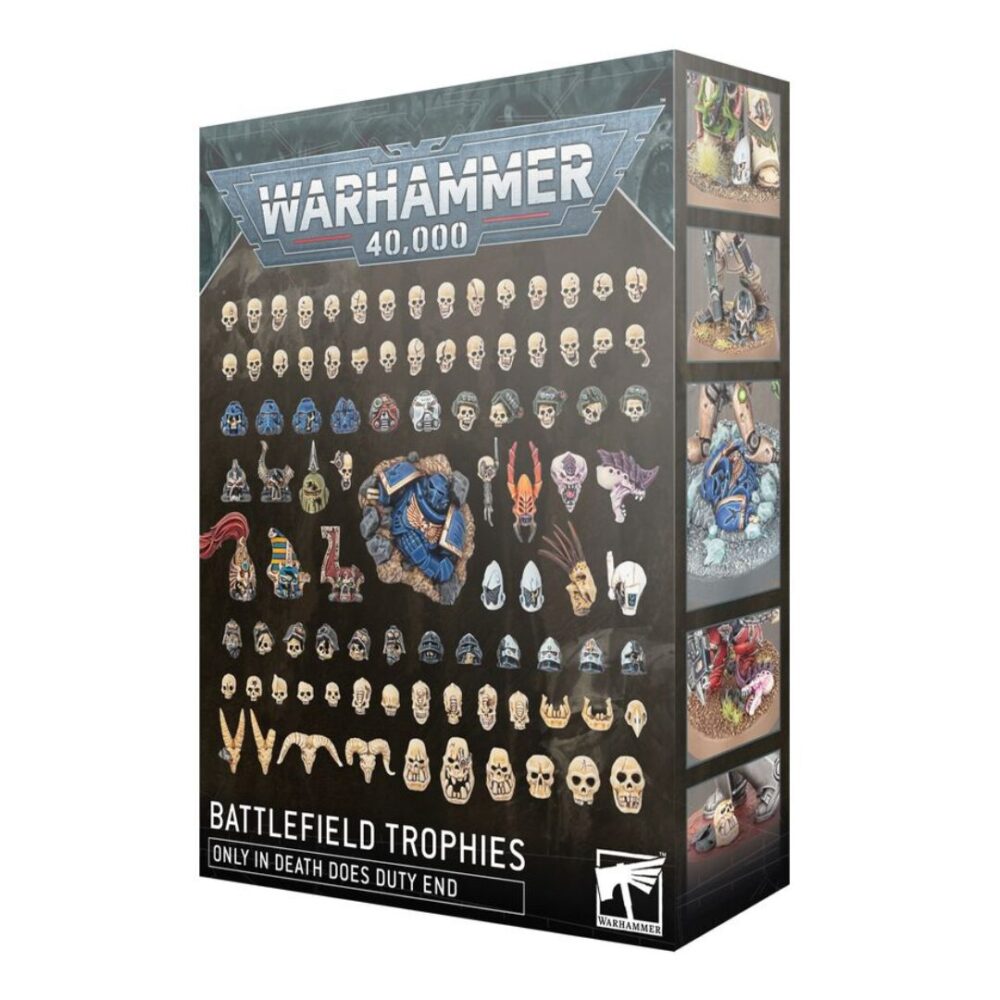 Image of Warhammer 40K Accessories: Battlefield Trophies box, showcasing a variety of skulls, heads, and other macabre components