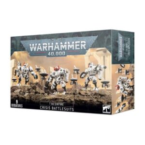 Image of the T'au Empire: Crisis Battlesuits box, showcasing three customizable Battlesuits with accompanying drones