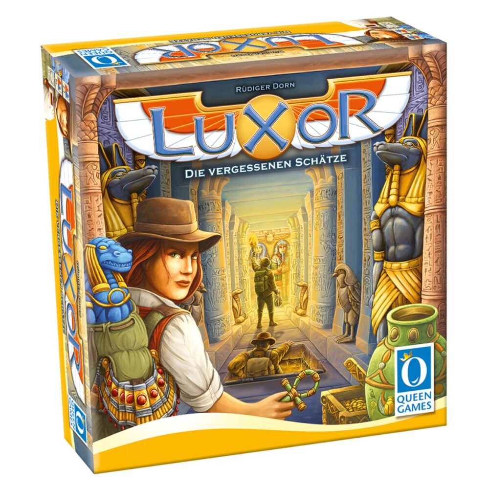 Luxor board game box featuring adventurous artwork of explorers entering an Egyptian temple.