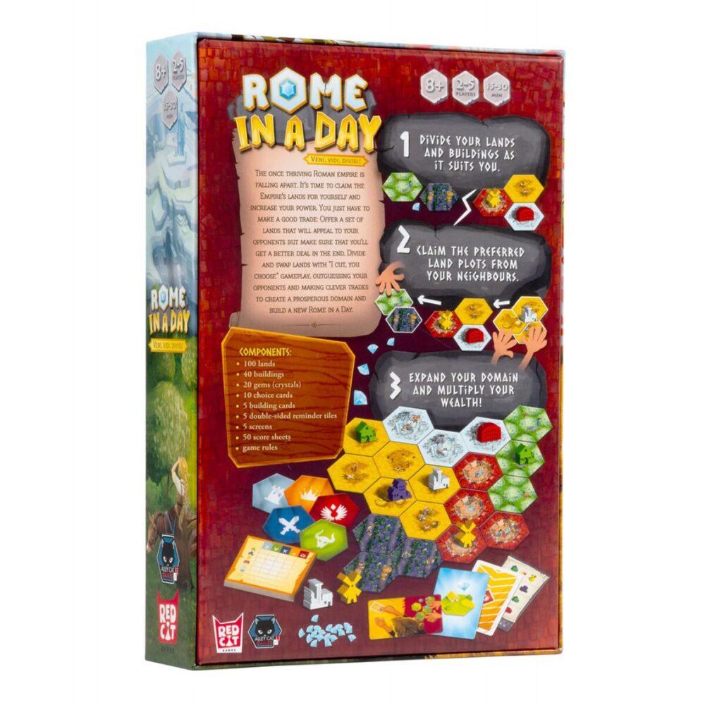 Back of the Rome in a Day box featuring gameplay details and a visual of the game setup